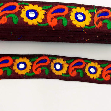 Deep Red Floral Mirrored Trim With Yellow Flowers And Orange Paisley Embroidery, Decorative Trimming, Trim By 3 Yards
